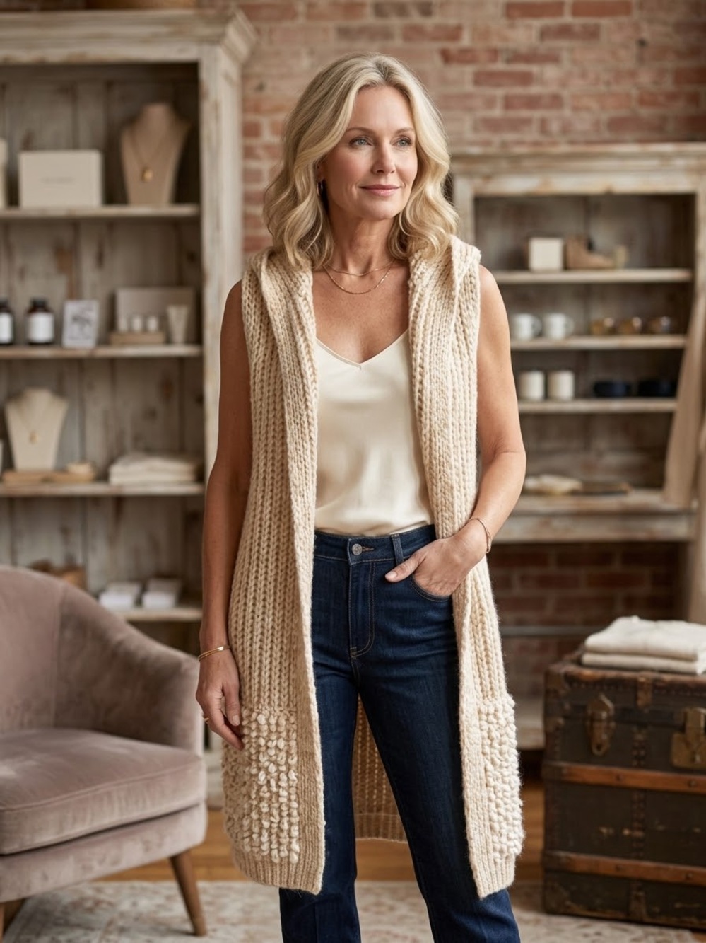Open-Front Sleeveless Knit Long Vest